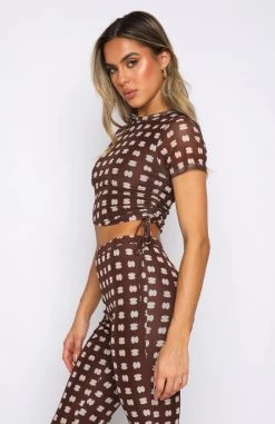 White Fox Boutique AU Tops Send Your Location Crop Choc Print