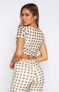 White Fox Boutique AU Tops Send Your Location Crop Beige Print