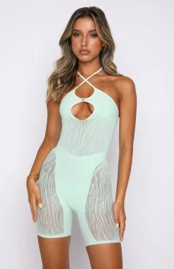 White Fox Boutique AU Keep Them Guessing Mesh Romper Spearmint Clothing