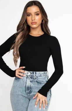 White Fox Boutique AU Don't Blame Me Long Sleeve Ribbed Bodysuit Black