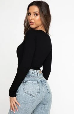 White Fox Boutique AU Don't Blame Me Long Sleeve Ribbed Bodysuit Black