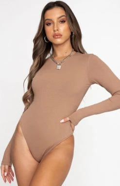 White Fox Boutique AU Don't Blame Me Long Sleeve Ribbed Bodysuit Mocha