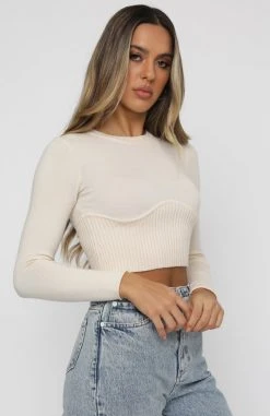 White Fox Boutique AU Take Me Higher Long Sleeve Crop Beige Clothing