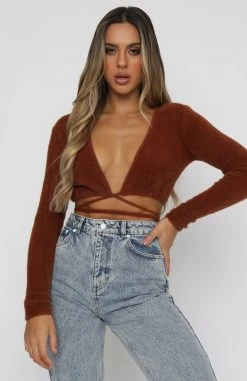 White Fox Boutique AU Finer Details Long Sleeve Crop Chocolate Tops