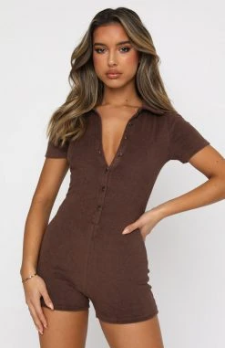 White Fox Boutique AU Clothing Golden Light Terry Playsuit Chocolate