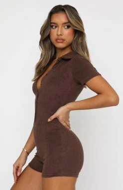 White Fox Boutique AU Clothing Golden Light Terry Playsuit Chocolate