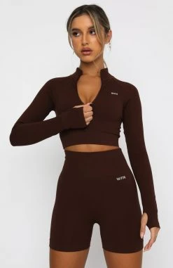 White Fox Boutique AU Restocked Seamless Long Sleeve Sports Crop Chocolate
