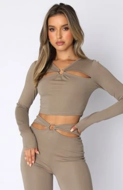 White Fox Boutique AU Wild World Long Sleeve Crop Taupe