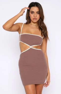 White Fox Boutique AU Work My Magic Ribbed Mini Dress Chocolate Clothing