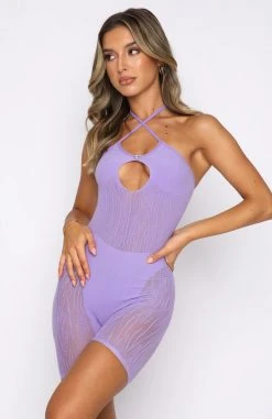 White Fox Boutique AU Clothing Keep Them Guessing Mesh Romper Purple