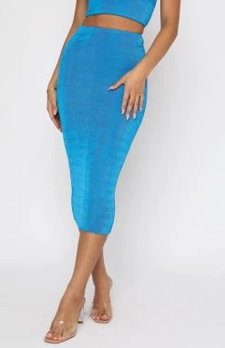White Fox Boutique AU On The Spot Midi Skirt Blue Bottoms