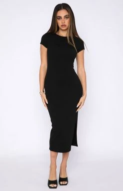 White Fox Boutique AU Friday Feels Ribbed Midi Dress Black Clothing