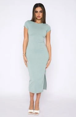 White Fox Boutique AU Friday Feels Ribbed Midi Dress Sage Clothing