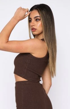 White Fox Boutique AU A Perfect World Ribbed Crop Dark Chocolate