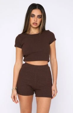 White Fox Boutique AU In The Clear Ribbed Crop Tee Dark Chocolate