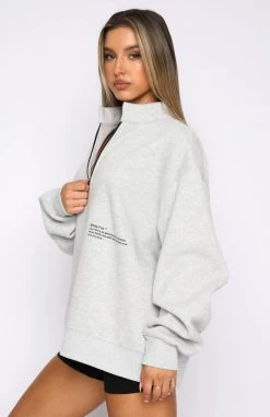 White Fox Boutique AU Caught Up With You Zip Front Sweater Grey Marle Clothing