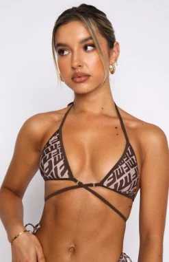 White Fox Boutique AU Golden Glow Bikini Top Chocolate Monogram Print Restocked