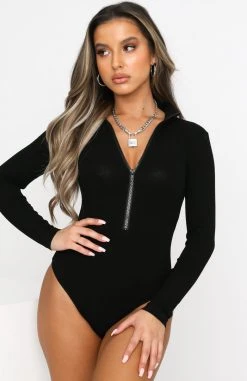 White Fox Boutique AU Take A Walk Long Sleeve Ribbed Bodysuit Black