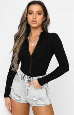 White Fox Boutique AU Take A Walk Long Sleeve Ribbed Bodysuit Black