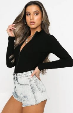 White Fox Boutique AU Take A Walk Long Sleeve Ribbed Bodysuit Black