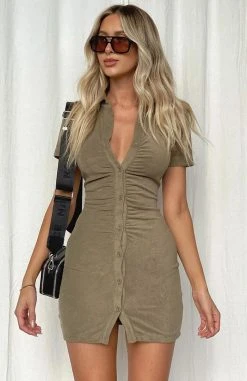White Fox Boutique AU Island Escape Terry Mini Dress Khaki Clothing