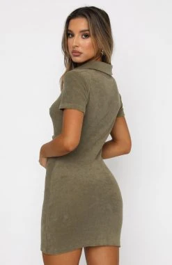 White Fox Boutique AU Island Escape Terry Mini Dress Khaki Clothing