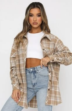 White Fox Boutique AU Clothing Make It Better Plaid Shirt Tan