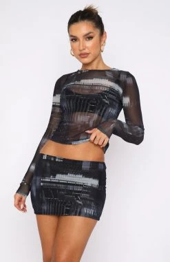 White Fox Boutique AU Twisted Fate Mesh Long Sleeve Crop Blue Cityscape