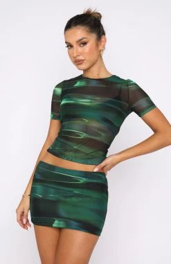 White Fox Boutique AU Clothing Think Big Mesh Crop Green Distortion