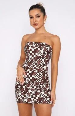 White Fox Boutique AU Clothing Got Me Hooked Mini Dress Chocolate Floral Geo