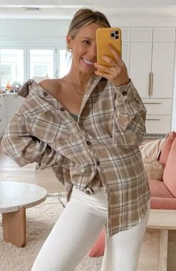 White Fox Boutique AU Clothing Make It Better Plaid Shirt Tan