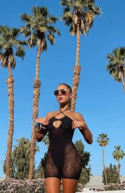 White Fox Boutique AU Keep Them Guessing Mesh Romper Black