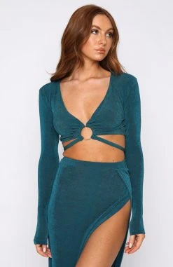 White Fox Boutique AU Ain't My Fault Long Sleeve Crop Teal Clothing