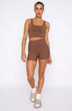 White Fox Boutique AU Keep Up High Waisted Shorts Chocolate Activewear