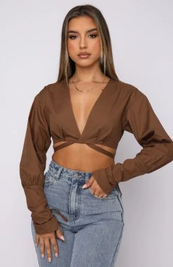 White Fox Boutique AU Tops Beauty Secrets Long Sleeve Crop Chocolate