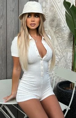 White Fox Boutique AU Walk My Way Terry Playsuit Cream Stripe