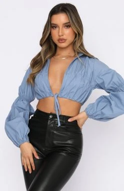 White Fox Boutique AU Tops Fall From Grace Long Sleeve Cropped Shirt Blue