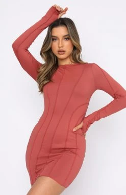 White Fox Boutique AU Take Care Long Sleeve Mini Dress Clay