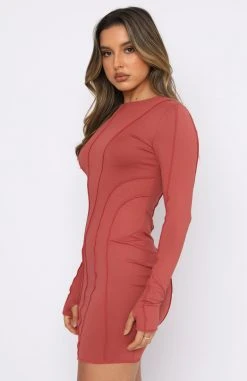 White Fox Boutique AU Take Care Long Sleeve Mini Dress Clay