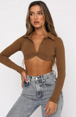 White Fox Boutique AU Pretty In Paris Long Sleeve Crop Chocolate Clothing