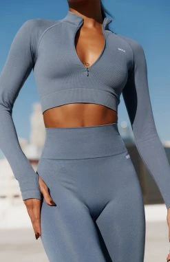 White Fox Boutique AU Seamless Long Sleeve Sports Crop Steel Restocked