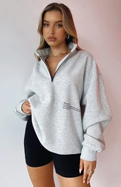 White Fox Boutique AU Caught Up With You Zip Front Sweater Grey Marle Clothing