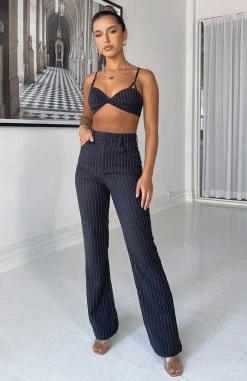 White Fox Boutique AU There She Goes Pants Navy Pinstripe Clothing
