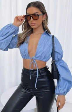 White Fox Boutique AU Tops Fall From Grace Long Sleeve Cropped Shirt Blue