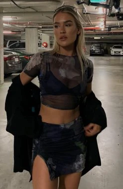 White Fox Boutique AU Clothing Be Patient Mesh Cropped Tee Navy Renaissance