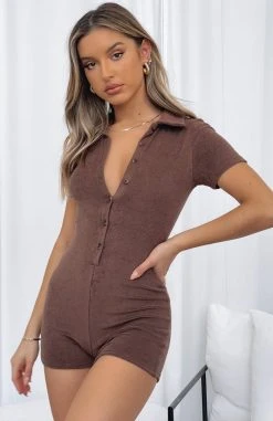 White Fox Boutique AU Clothing Golden Light Terry Playsuit Chocolate