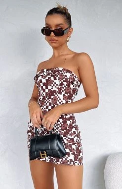 White Fox Boutique AU Clothing Got Me Hooked Mini Dress Chocolate Floral Geo