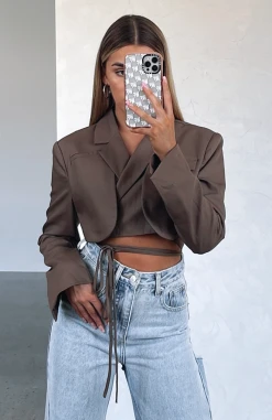 White Fox Boutique AU Business As Usual Cropped Blazer Mocha