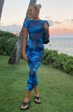 White Fox Boutique AU Fall In Love Mesh Maxi Skirt Navy Bloom Clothing