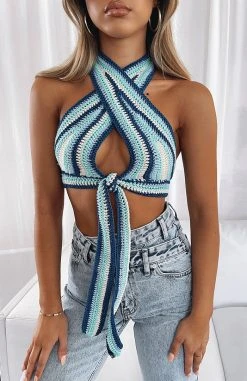 White Fox Boutique AU Good Days Crochet Crop Blue